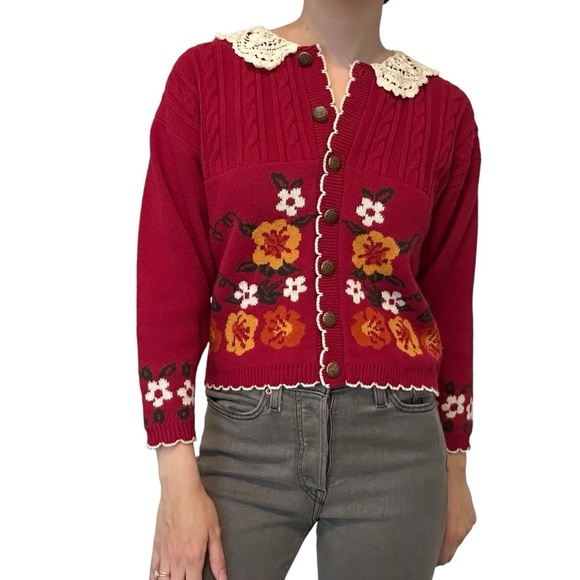 Vintage Cardigan Sweater Lace Trim Grandma Dainty Knit Floral Size Extra Small - Picture 1 of 6